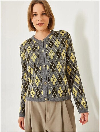 Gilet boutonné à manches longues en jacquard à losanges