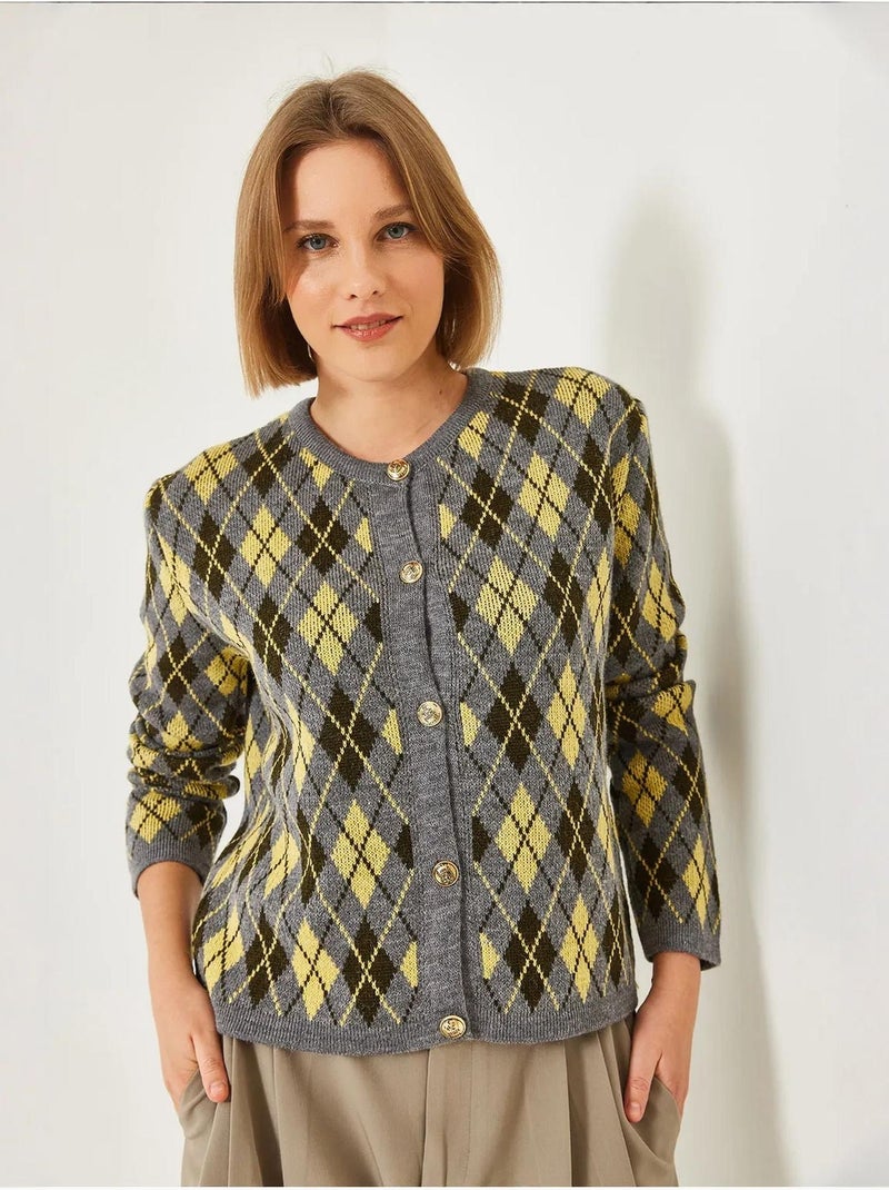 Gilet boutonné à manches longues en jacquard à losanges Gris - Kiabi