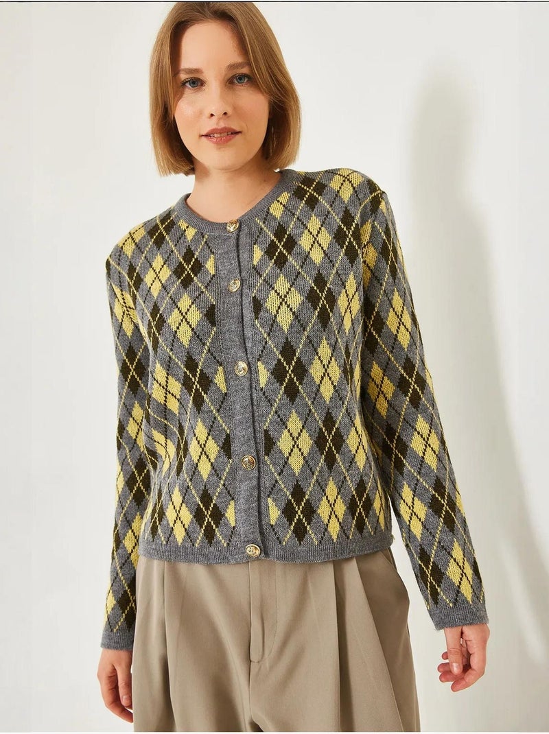 Gilet boutonné à manches longues en jacquard à losanges Gris - Kiabi