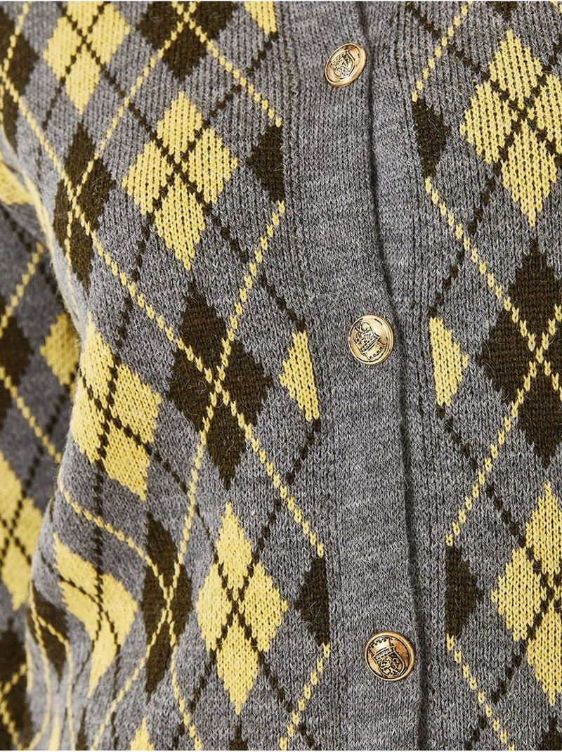 Gilet boutonné à manches longues en jacquard à losanges Gris - Kiabi