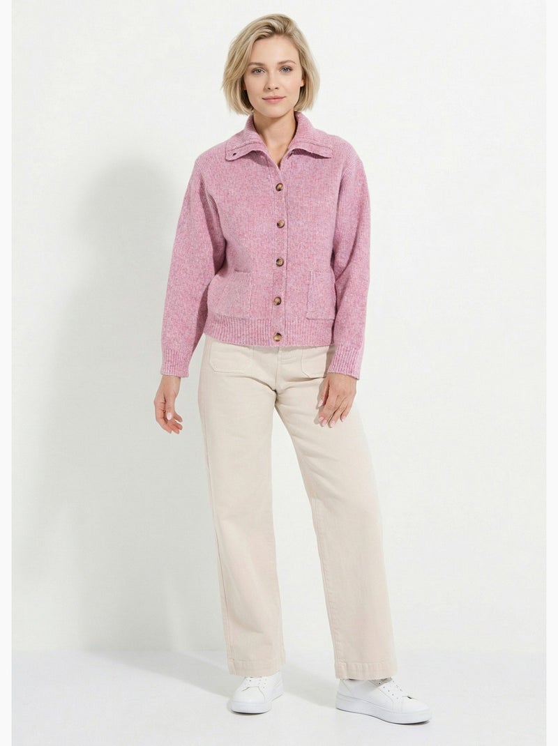 Gilet boutonné chaud côtelé avec laine et fibres recyclées - Afibel Rose - Kiabi