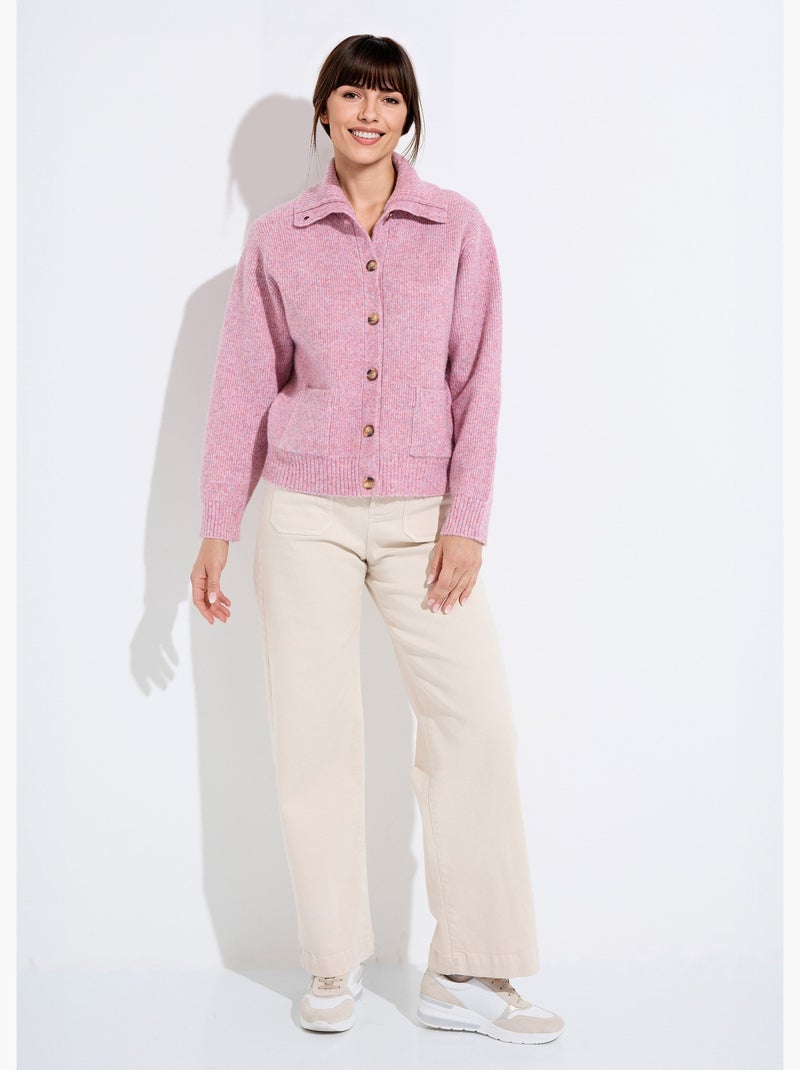 Gilet boutonné chaud côtelé avec laine et fibres recyclées Rose - Kiabi