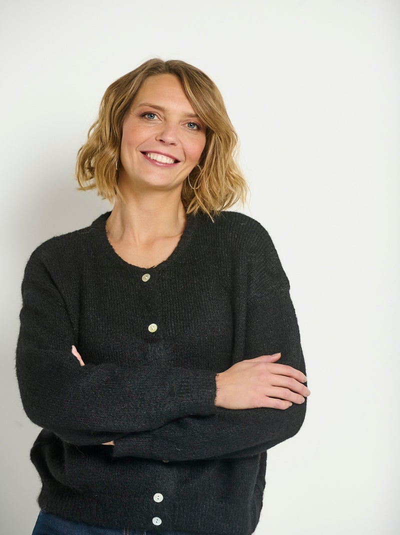 Gilet boutonné col rond chaud avec laine Noir - Kiabi