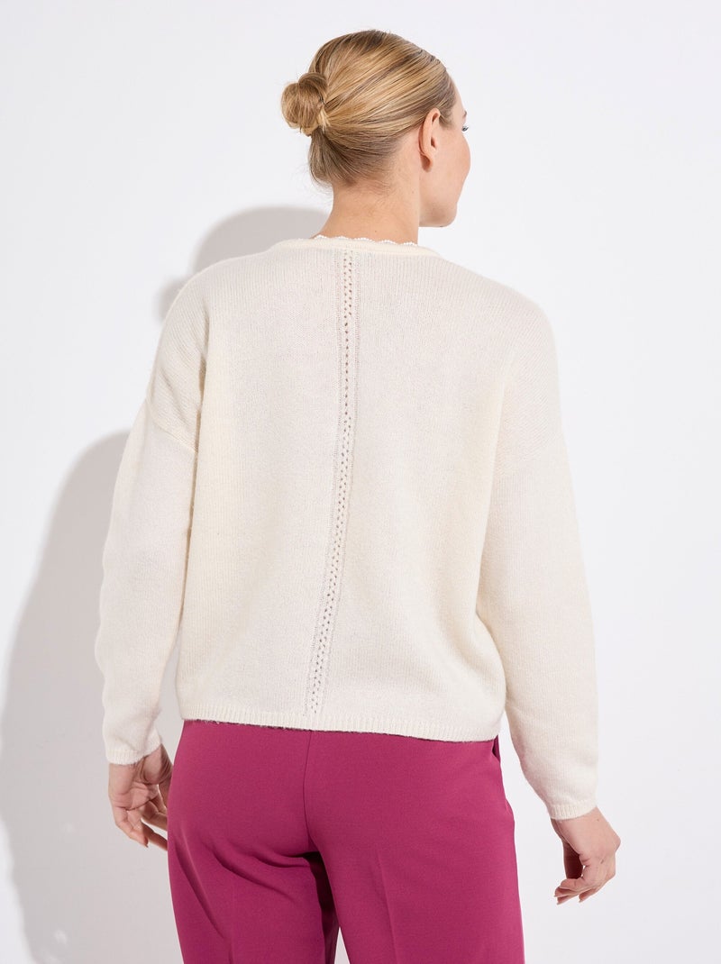 Gilet boutonné col V jersey, ajouré et macramé - Afibel Ecru - Kiabi