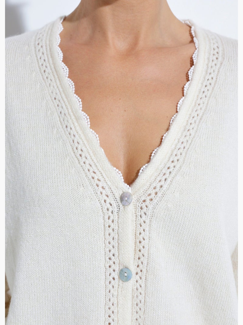 Gilet boutonné col V jersey, ajouré et macramé - Afibel Ecru - Kiabi