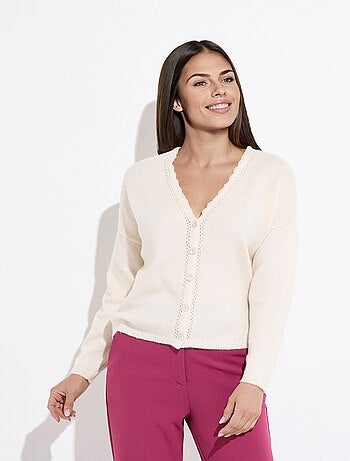 Gilet boutonné col V jersey, ajouré et macramé