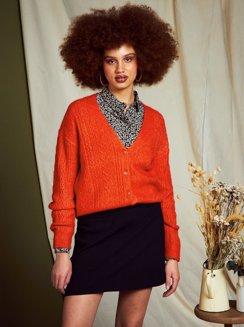 Gilet boutonné en maille ajourée Orange - Kiabi