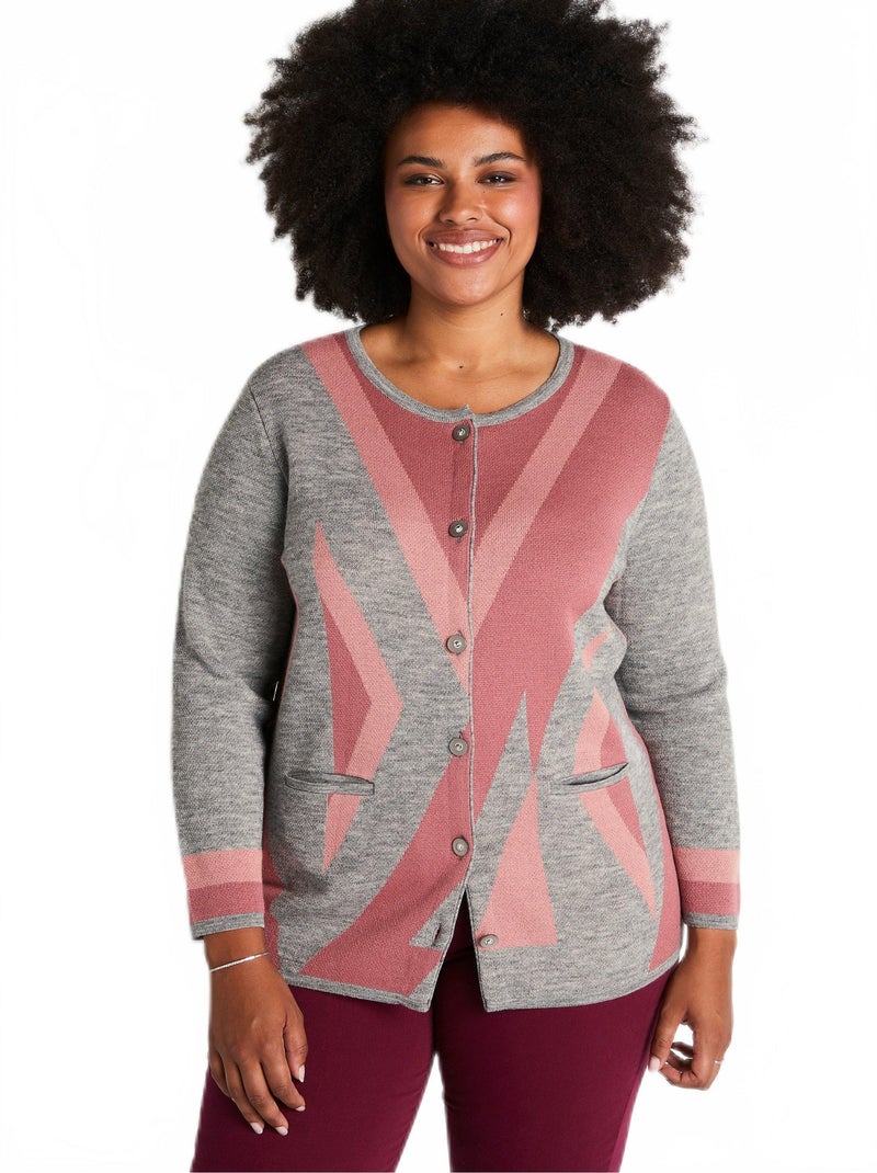 Gilet boutonné mi long jacquard laine Gris Rose - Kiabi