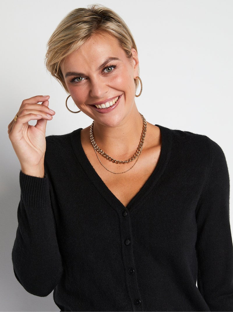 Gilet boutonné mi long maille douce Noir - Kiabi