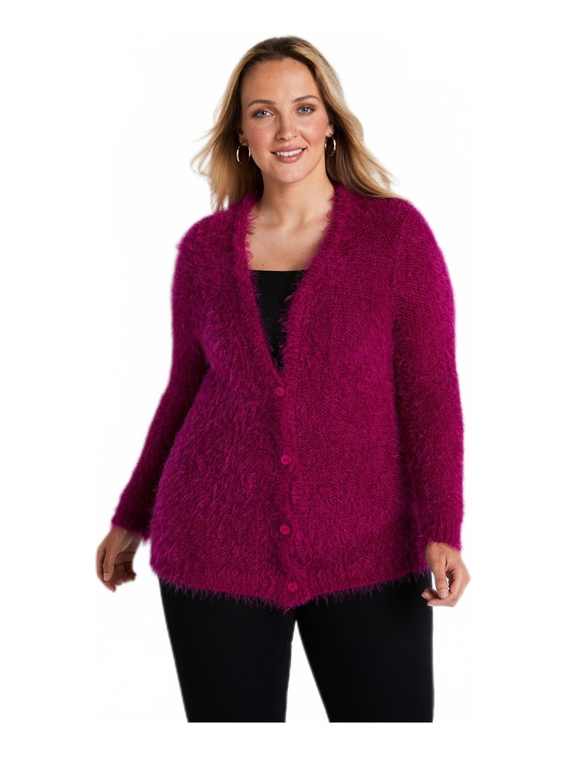 Gilet boutonné mi-long maille douce Rose fushia - Kiabi