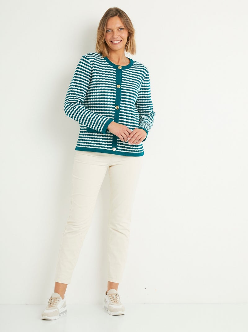 Gilet boutonné rayé chic avec col rond - Afibel Bleu canard - Kiabi