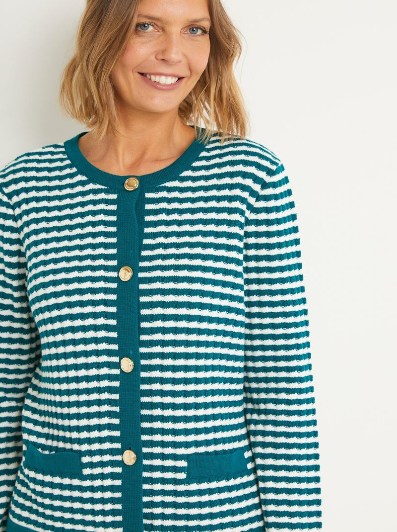 Gilet boutonné rayé chic avec col rond - Afibel Bleu canard - Kiabi