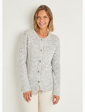 Gilet cardigan boutonné chiné ajouré col rond - Afibel
