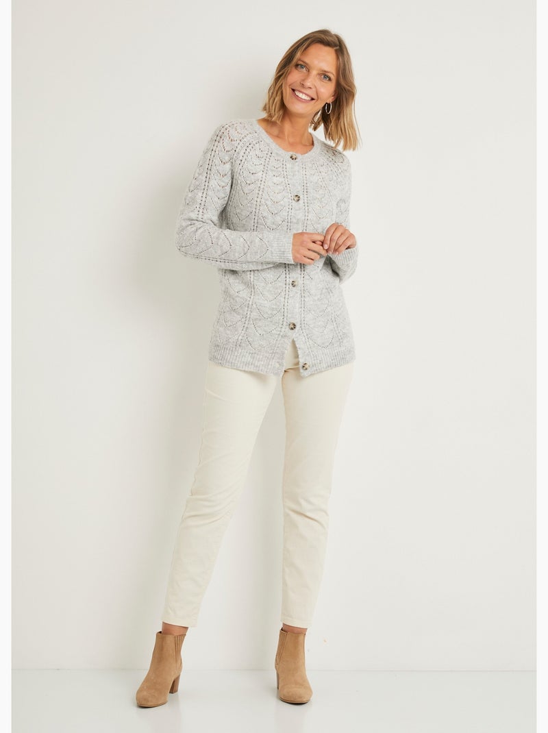 Gilet cardigan boutonné chiné ajouré col rond - Afibel Gris chiné - Kiabi