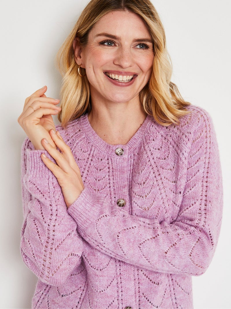 Gilet cardigan boutonné chiné ajouré col rond - Afibel Mauve lilas - Kiabi