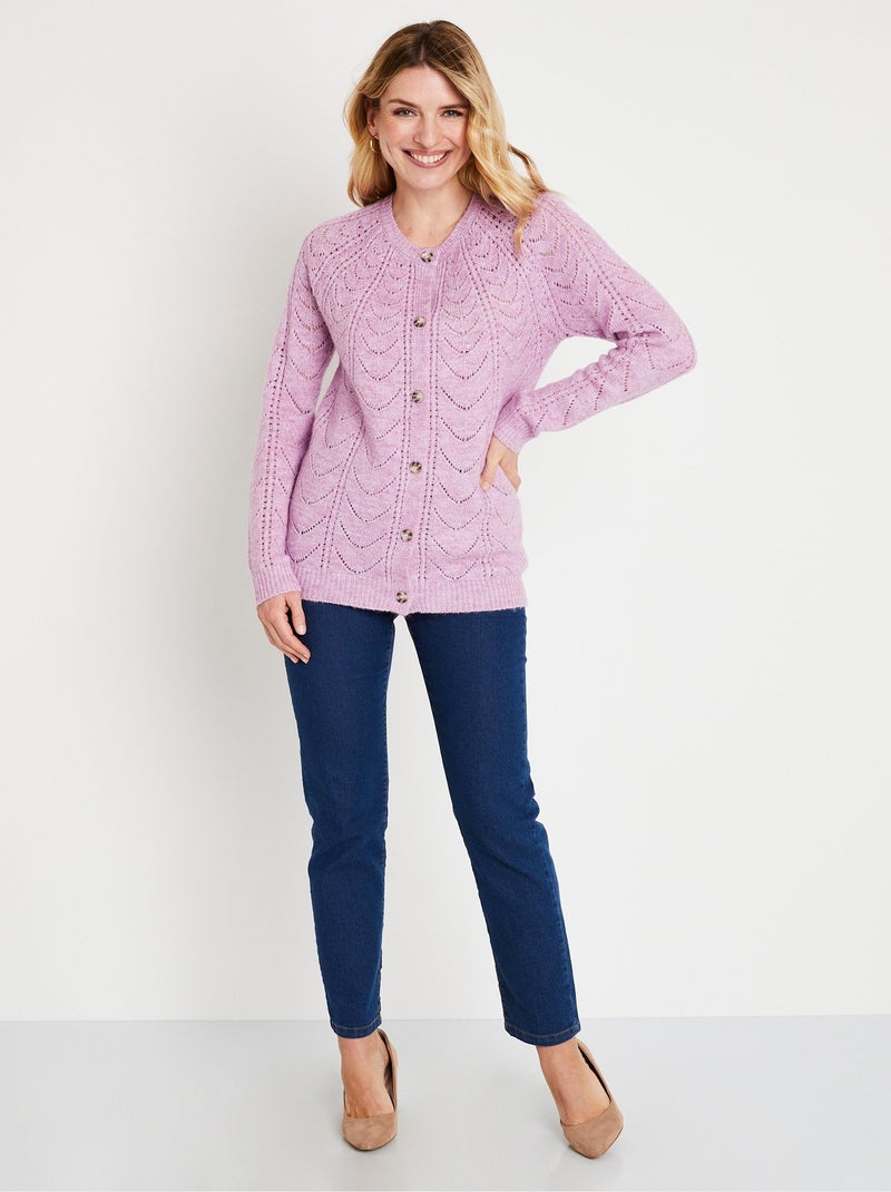 Gilet cardigan boutonné chiné ajouré col rond Mauve lilas - Kiabi