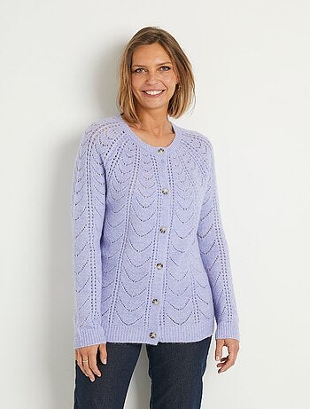 Gilet cardigan boutonné chiné ajouré col rond