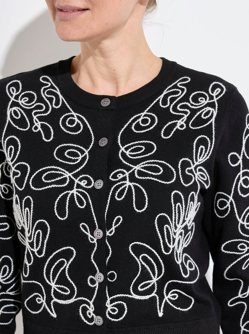 Gilet cardigan boutonné court brodé - Afibel Noir Ecru - Kiabi