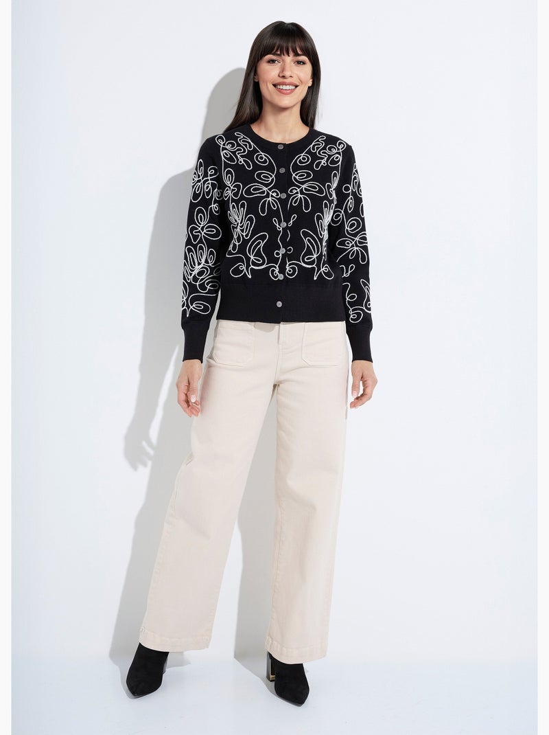 Gilet cardigan boutonné court brodé Noir Beige - Kiabi