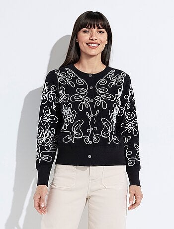 Gilet cardigan boutonné court brodé