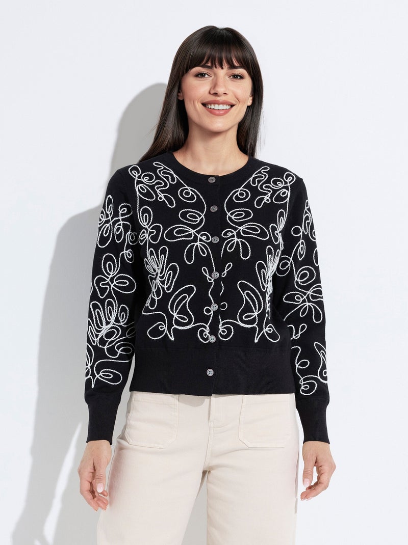 Gilet cardigan boutonné court brodé Noir Ecru - Kiabi