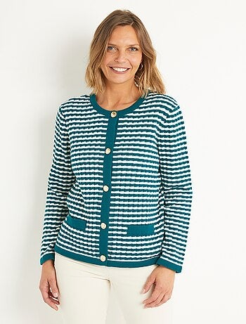 Gilet cardigan boutonné rayé col rond boutons dorés