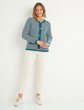 Gilet cardigan boutonné rayé col rond boutons dorés