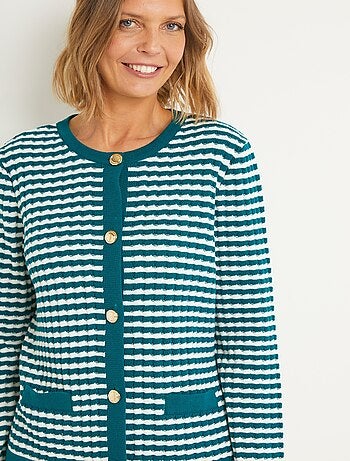 Gilet cardigan boutonné rayé col rond boutons dorés