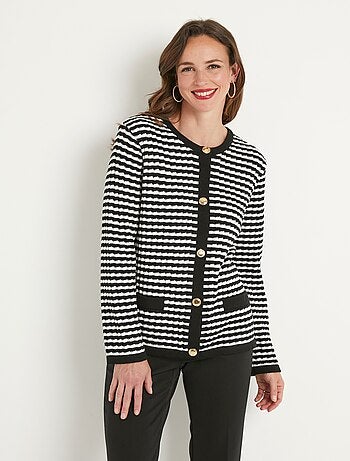 Gilet cardigan boutonné rayé col rond boutons dorés