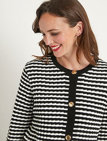 Gilet cardigan boutonné rayé col rond boutons dorés