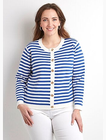Gilet cardigan court col rond rayé boutonné - Afibel