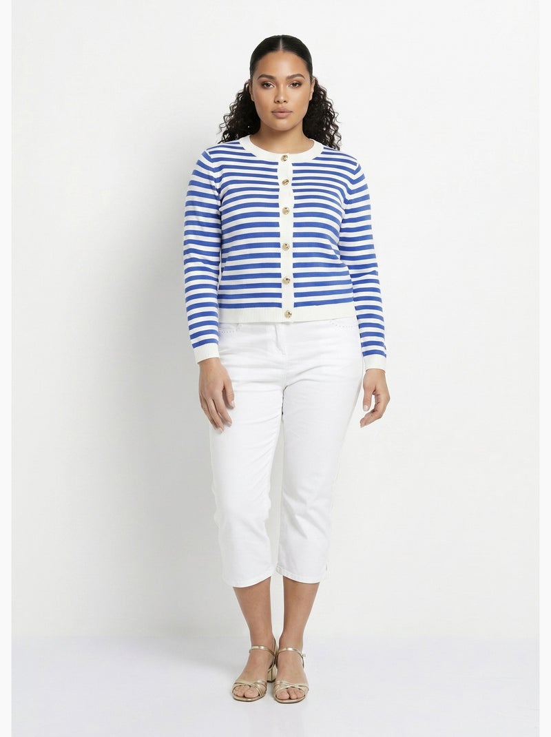 Gilet cardigan court col rond rayé boutonné - Afibel Bleu Blanc - Kiabi