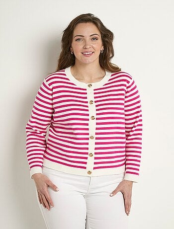 Gilet cardigan court col rond rayé boutonné - Afibel