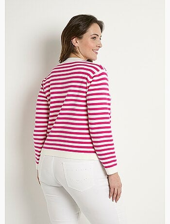 Gilet cardigan court col rond rayé boutonné - Afibel