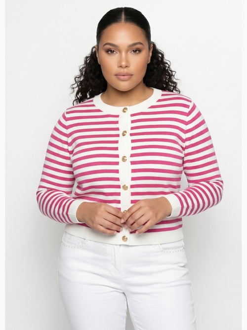 Gilet cardigan court col rond rayé boutonné - Afibel - Kiabi