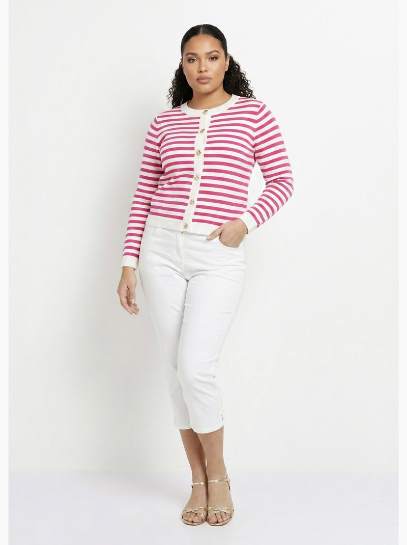 Gilet cardigan court col rond rayé boutonné - Afibel Rose fushia - Kiabi