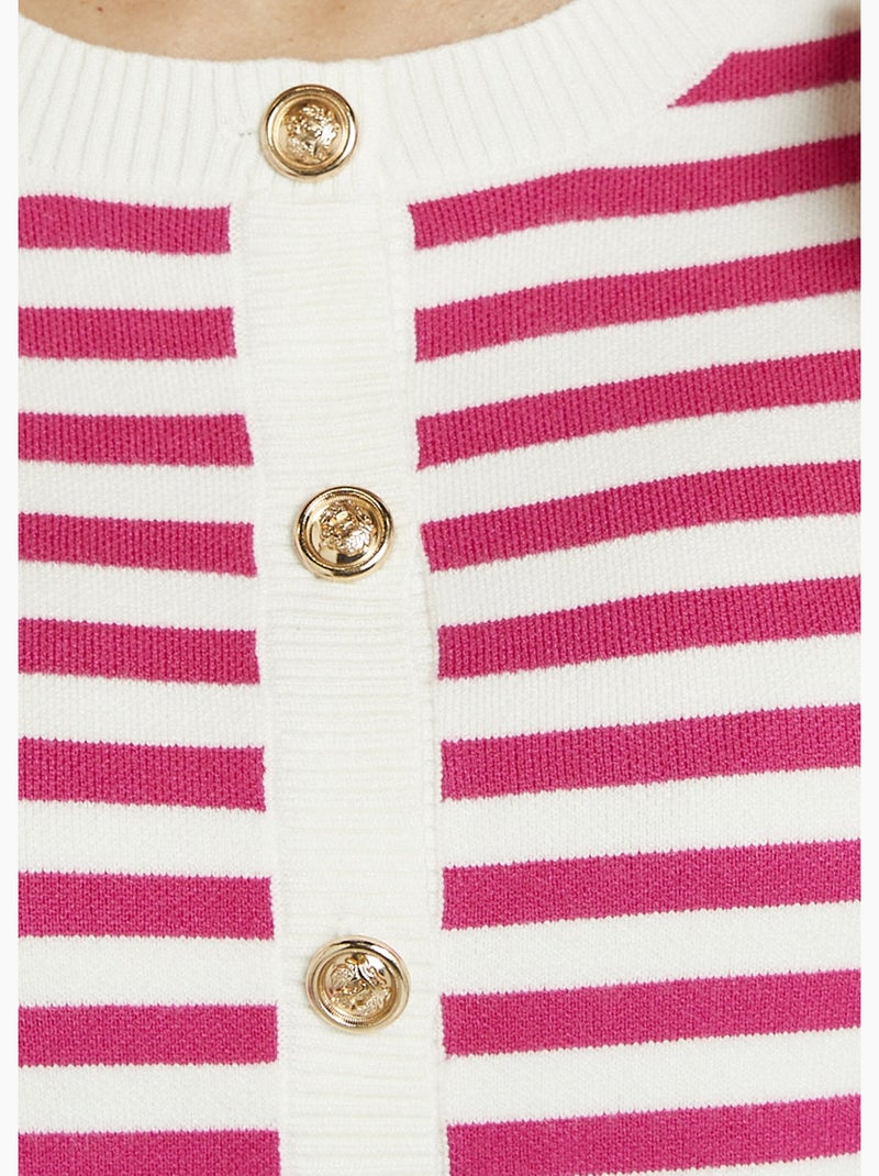 Gilet cardigan court col rond rayé boutonné - Afibel Rose fushia - Kiabi