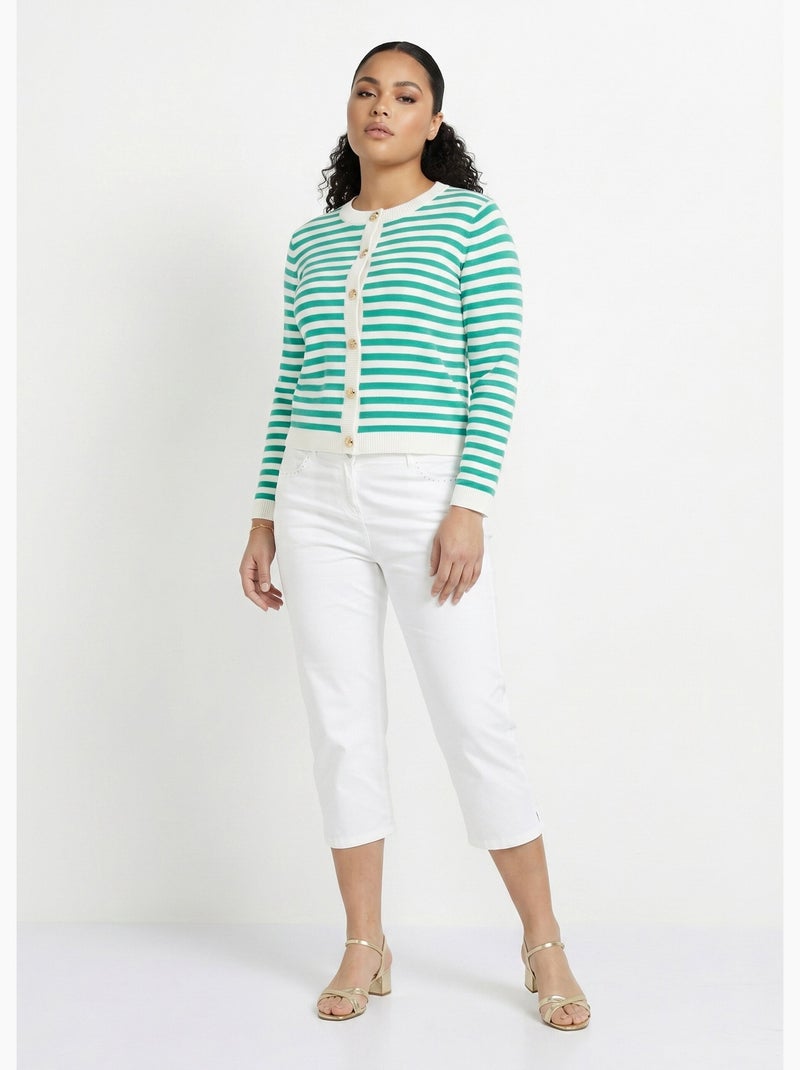 Gilet cardigan court col rond rayé boutonné - Afibel Vert - Kiabi