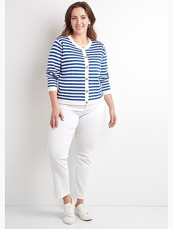 Gilet cardigan court col rond rayé boutonné