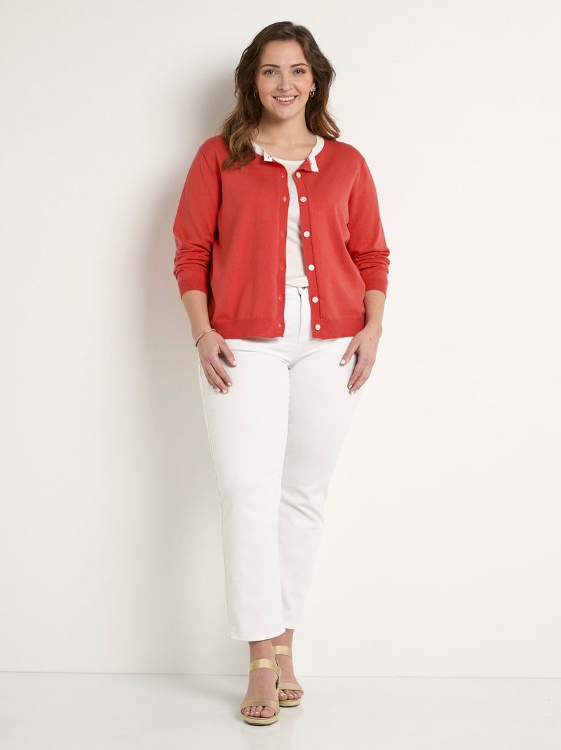 Gilet cardigan doux col rond boutonné - Afibel Rouge coquelicot - Kiabi
