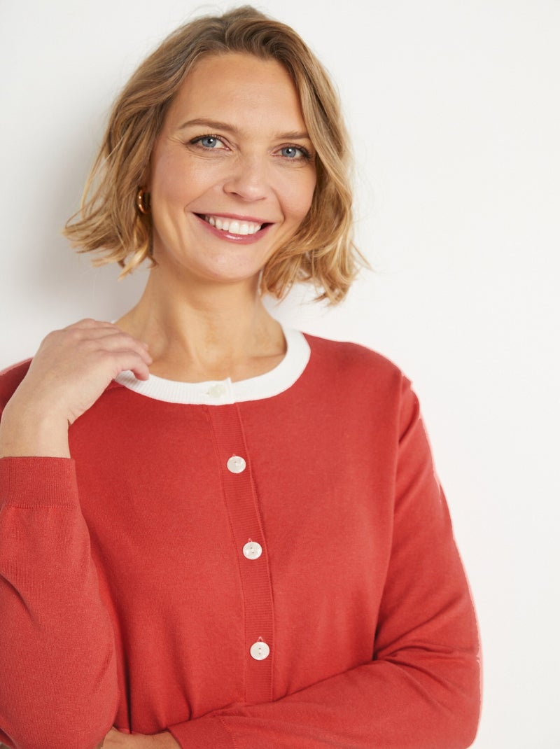 Gilet cardigan doux col rond boutonné - Afibel Rouge coquelicot - Kiabi