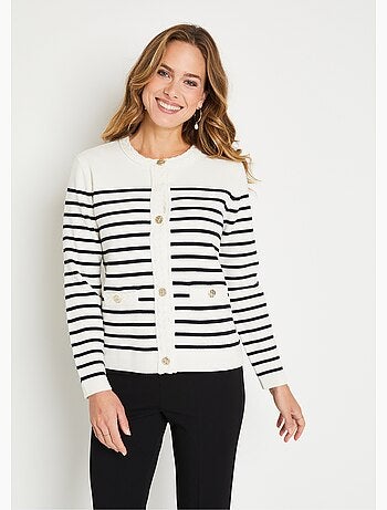 Gilet cardigan rayé court boutonné col rond - Afibel