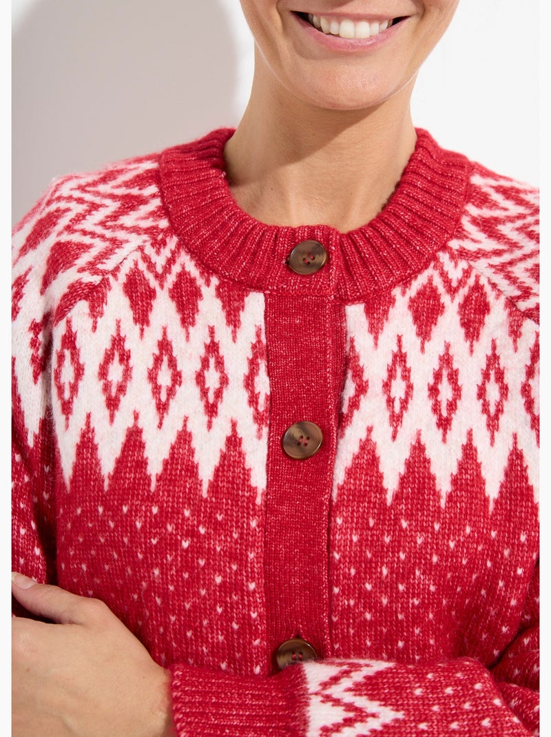 Gilet chaud boutonné jacquard graphique - Afibel Ecru/Rouge - Kiabi
