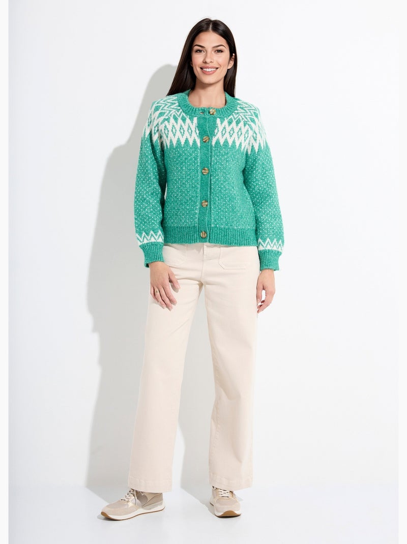Gilet chaud boutonné jacquard graphique - Afibel Vert - Kiabi