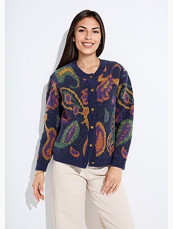 Gilet chaud court boutonné jacquard avec laine - Afibel