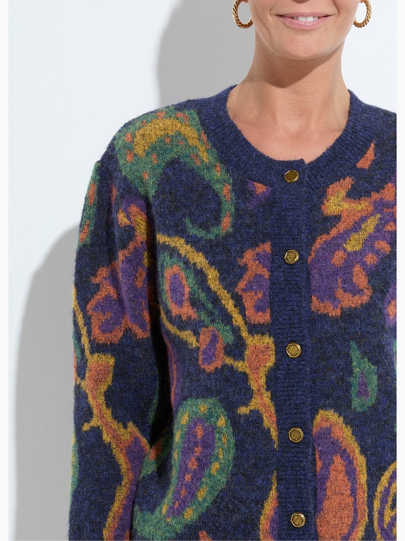 Gilet chaud court boutonné jacquard avec laine - Afibel Bleu marine - Kiabi