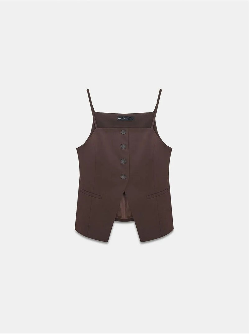 Gilet cintré en crêpe à col carré dilvin Marron chocolat - Kiabi