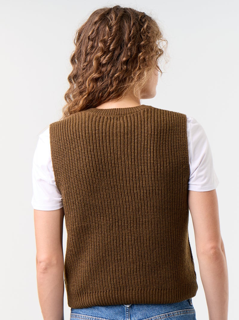 Gilet col rond en maille grosse jauge sans manches Marron - Kiabi