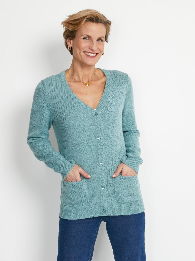 Gilet col V boutonné brodés strassé Vert - Kiabi