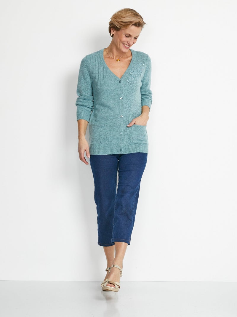 Gilet col V boutonné brodés strassé Vert - Kiabi